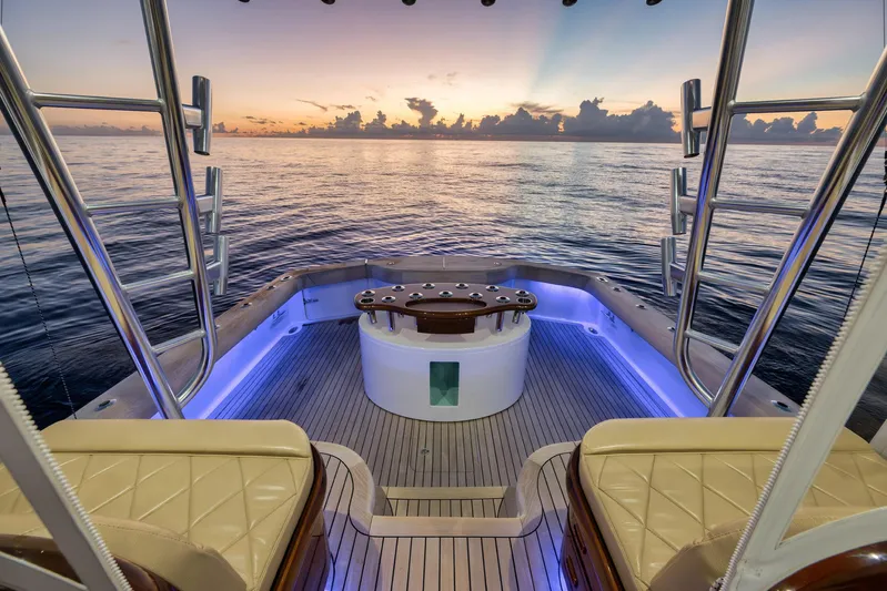 Karma Yacht Photos Pics Luxurious 2019 Winter Custom Yachts 46 Walkaround at sunset, featuring elegant deck and seating.