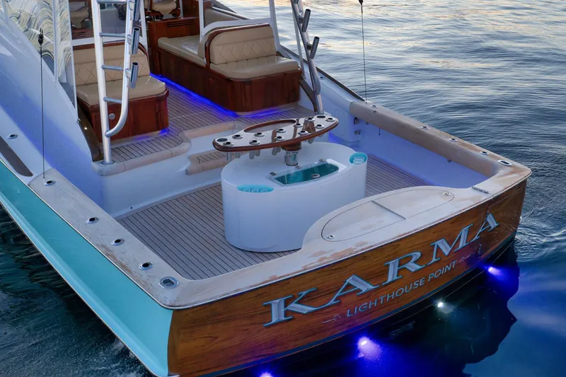 Karma Yacht Photos Pics 2019 Winter Custom Yachts 46 Walkaround with elegant deck and blue underwater lights.