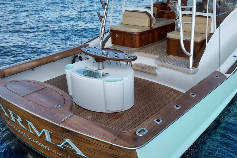 Karma Yacht Photos Pics 2019 Winter Custom Yachts 46 Walkaround, elegant deck design with seating and fishing amenities.