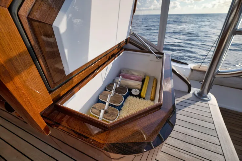 Karma Yacht Photos Pics 2019 Winter Custom Yachts 46 Walkaround with open storage compartment on deck.