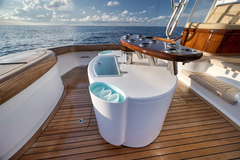 Karma Yacht Photos Pics 2019 Winter Custom Yachts 46 Walkaround, featuring elegant teak deck and fishing station.