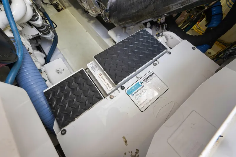 Karma Yacht Photos Pics Engine room of 2019 Winter Custom Yachts 46 Walkaround with Seakeeper stabilizer.