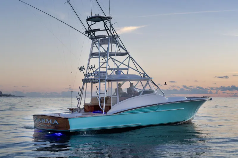 Karma Yacht Photos Pics 2019 Winter Custom Yachts 46 Walkaround at sunset on calm waters.