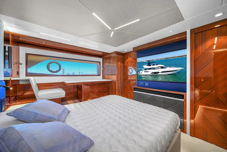 Atkun Yacht Photos Pics Luxurious bedroom interior of 2021 Sunseeker 68 Manhattan yacht with modern design.