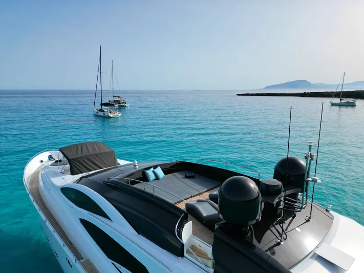 Thyke III Yacht Photos Pics Luxurious 2008 Pershing 90 yacht on turquoise waters with sailboats in the background.