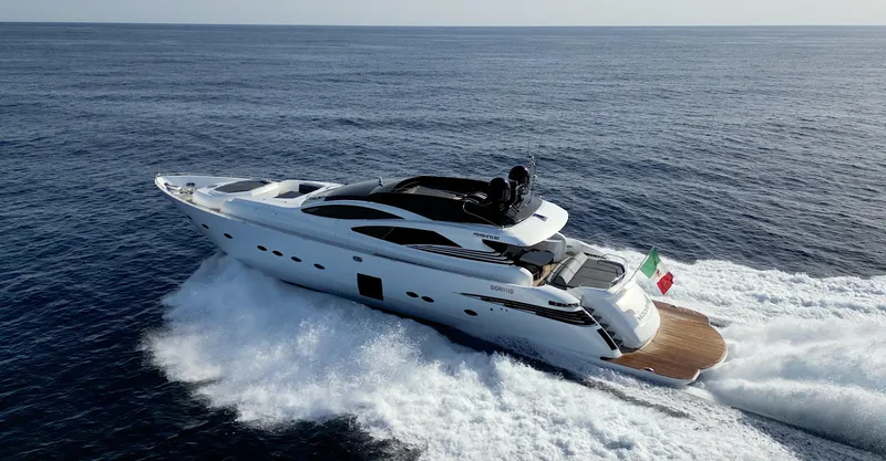Thyke III Yacht Photos Pics 2008 Pershing 90 yacht cruising on open sea, showcasing sleek design and powerful performance.