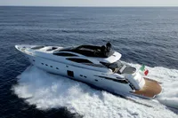 2008 Pershing 90 yacht cruising on open sea, showcasing sleek design and powerful performance.