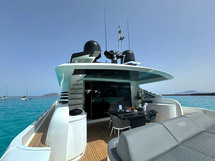 Thyke III Yacht Photos Pics 2008 Pershing 90 yacht on turquoise water, featuring sleek design and outdoor seating area.