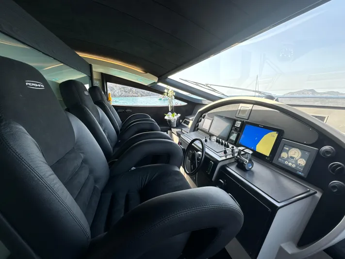 Thyke III Yacht Photos Pics Interior cockpit of 2008 Pershing 90 yacht with modern navigation equipment and luxurious seating.