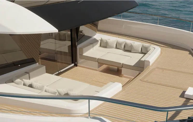  Yacht Photos Pics Luxurious deck of 2025 Wider 76 yacht with elegant seating and ocean view.