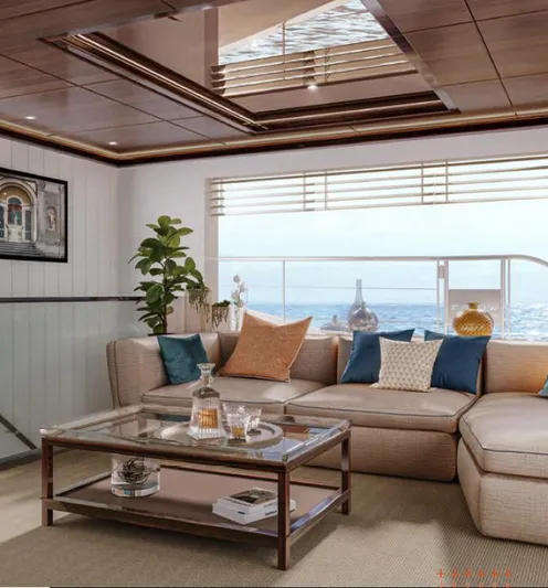  Yacht Photos Pics Luxurious Wider 76 yacht interior, featuring elegant seating, glass table, and ocean view, 2025 model.