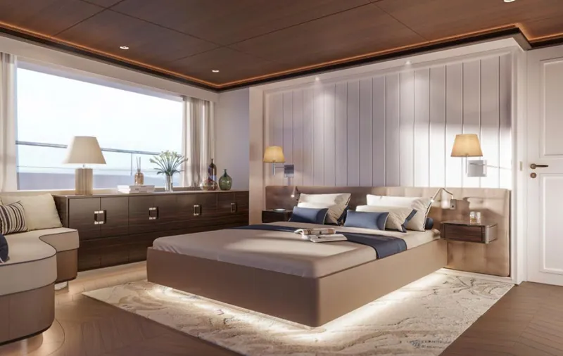  Yacht Photos Pics Luxurious bedroom interior on Wider 76 yacht, featuring modern design and elegant lighting, 2025 model.