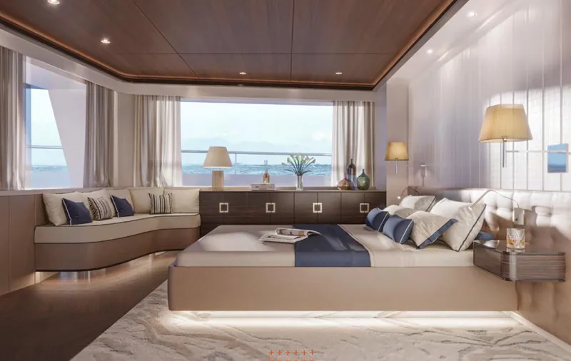  Yacht Photos Pics Luxurious bedroom interior on Wider 76 yacht, 2025 model, featuring ocean view and elegant decor.