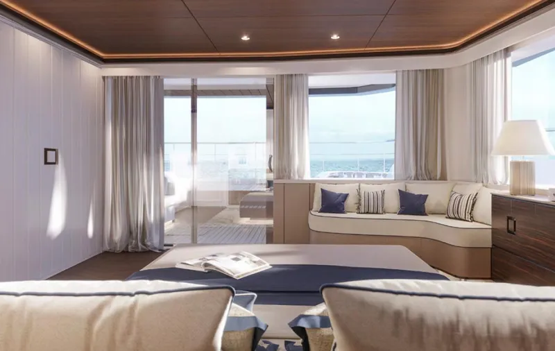  Yacht Photos Pics Luxurious interior of 2025 Wider 76 yacht with elegant seating and ocean view.