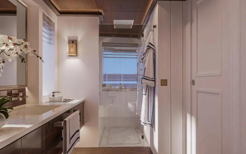  Yacht Photos Pics Luxurious bathroom interior on Wider 76 yacht, featuring modern fixtures and elegant design, 2025 model.