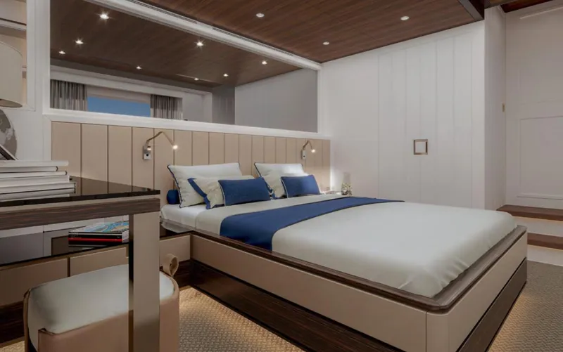  Yacht Photos Pics Luxurious bedroom interior on a 2025 Wider 76 yacht, featuring modern design and elegant decor.