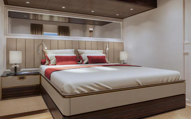  Yacht Photos Pics Luxurious bedroom in Wider 76 yacht, 2025 model, featuring elegant decor and modern lighting.