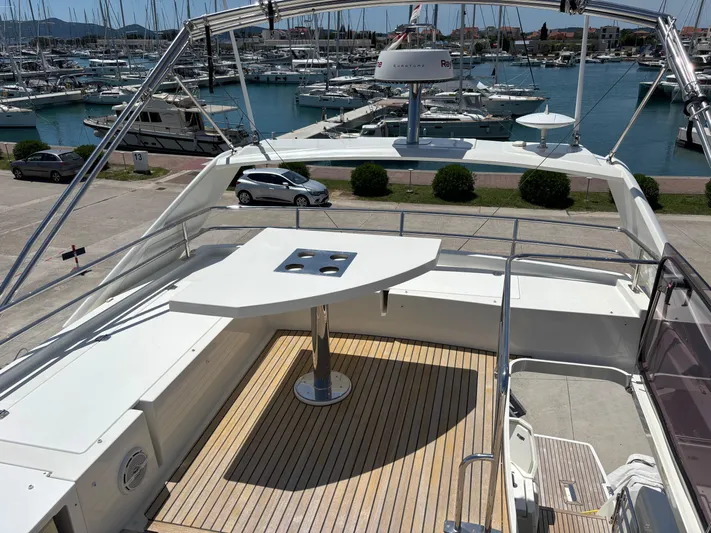  Yacht Photos Pics Flybridge of 2020 Jeanneau Prestige 460 yacht with marina view.