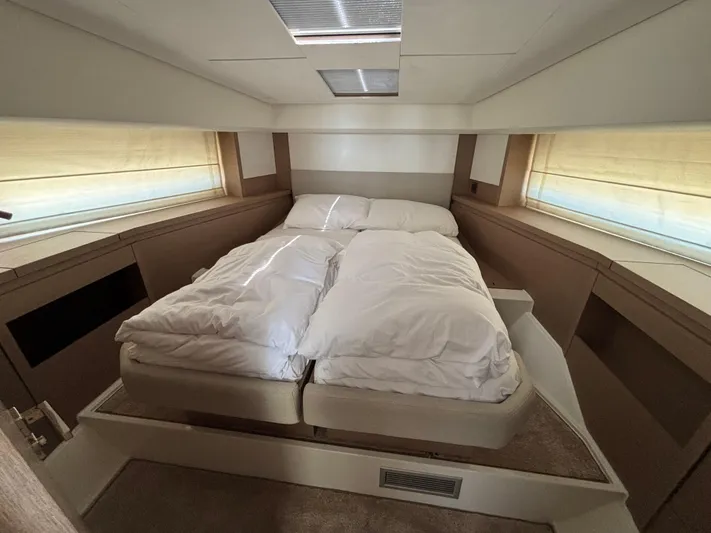  Yacht Photos Pics Luxurious cabin interior of 2020 Jeanneau Prestige 460 yacht with cozy double bed.