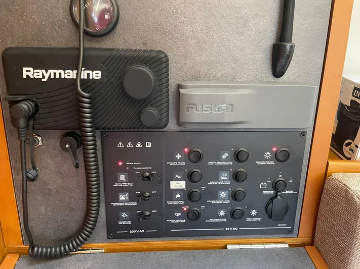  Yacht Photos Pics Control panel of 2023 Jeanneau Sun Odyssey 349 with Raymarine and Fusion systems.