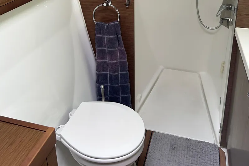 Habzie Yacht Photos Pics 2019 Lagoon 450 F Owner's Edition bathroom with shower, toilet, and towel rack.
