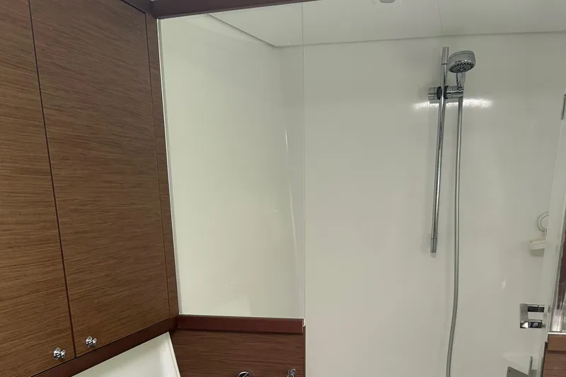 Habzie Yacht Photos Pics Bathroom interior of 2019 Lagoon 450 F Owner's Edition yacht, featuring modern shower design.
