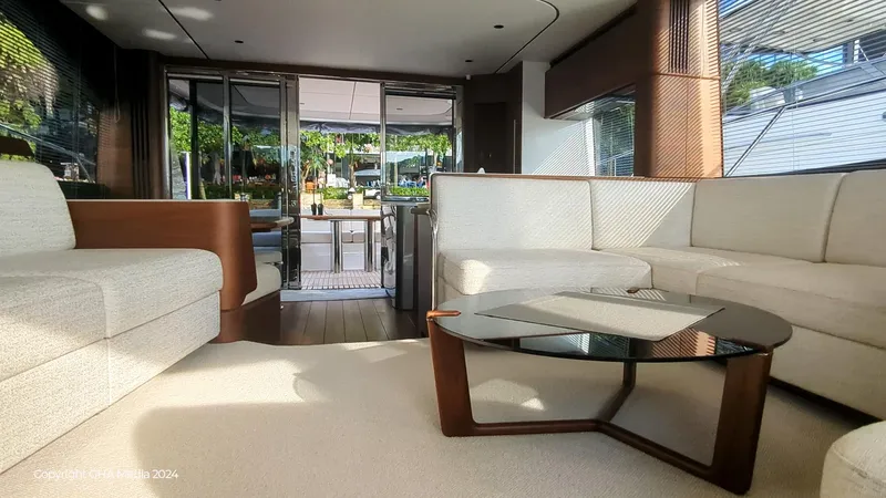  Yacht Photos Pics Luxurious interior of 2024 Princess F65 yacht with modern furnishings and elegant design.