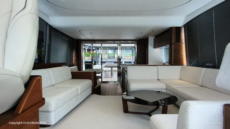  Yacht Photos Pics Luxurious interior of 2024 Princess F65 yacht with modern seating and elegant design.