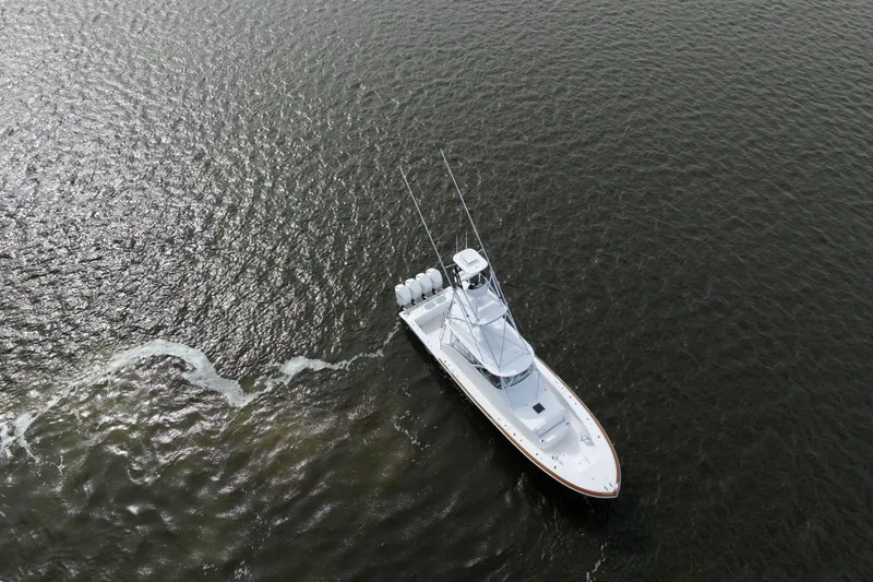 Front Runner Boatworks 47 Walkaround Yacht Photos Pics Aerial view of 2026 Front Runner 47WA boat cruising on open water.