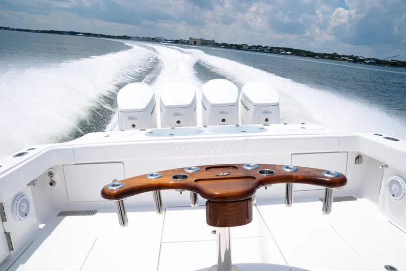 Front Runner Boatworks 47 Walkaround Yacht Photos Pics 2026 Front Runner 47WA boat cruising on open water, showcasing powerful engines and sleek design.
