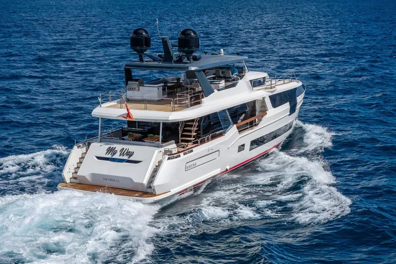  Yacht Photos Pics Luxury Sirena 88 yacht cruising on open sea, 2021 model.