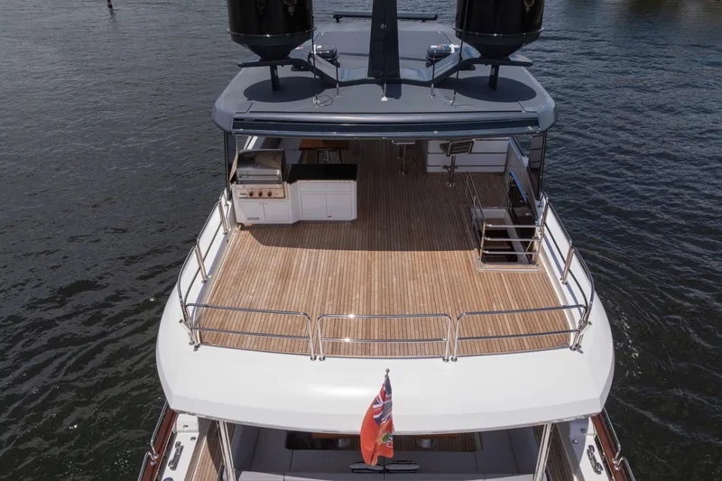  Yacht Photos Pics Aerial view of 2021 Sirena 88 yacht's spacious deck with outdoor kitchen.