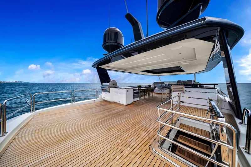  Yacht Photos Pics Luxurious 2021 Sirena 88 yacht deck with ocean view and modern amenities.