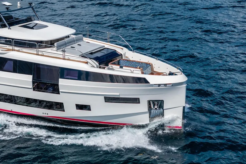  Yacht Photos Pics Luxury Sirena 88 yacht cruising on open sea, 2021 model.