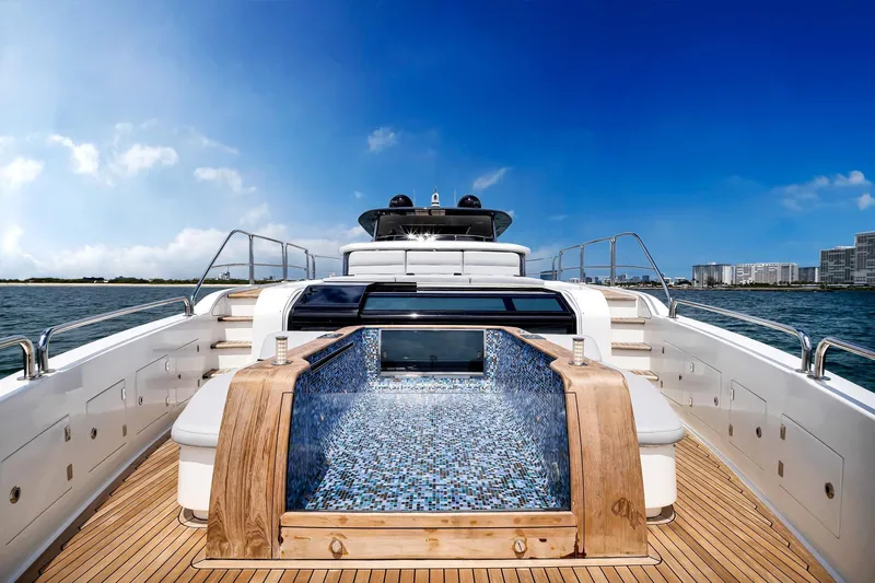  Yacht Photos Pics Luxurious 2021 Sirena 88 yacht with deck jacuzzi, ocean view, and modern design.