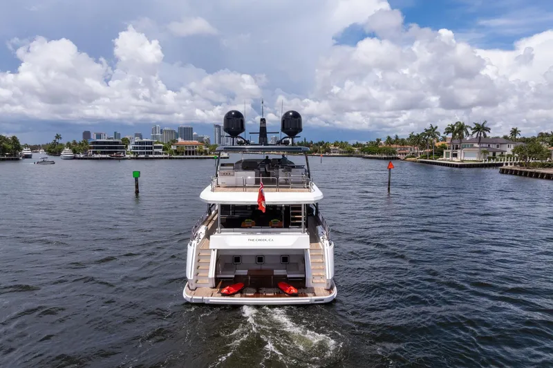  Yacht Photos Pics Luxury Sirena 88 yacht cruising in a scenic waterway, 2021 model.