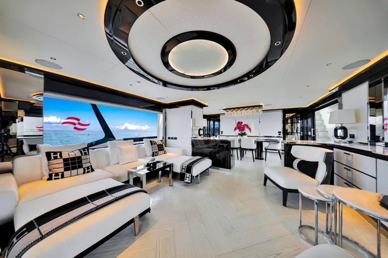  Yacht Photos Pics Luxurious interior of 2021 Sirena 88 yacht with modern decor and ocean view.