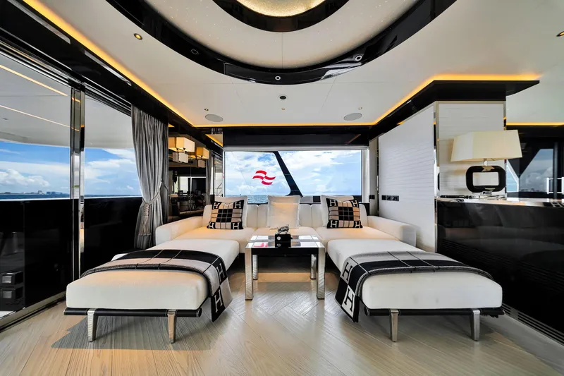  Yacht Photos Pics Luxurious interior of 2021 Sirena 88 yacht with modern furnishings and panoramic ocean view.