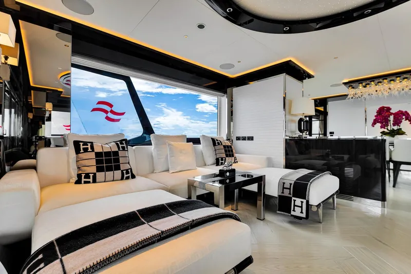  Yacht Photos Pics Luxurious interior of 2021 Sirena 88 yacht with elegant seating and modern decor.