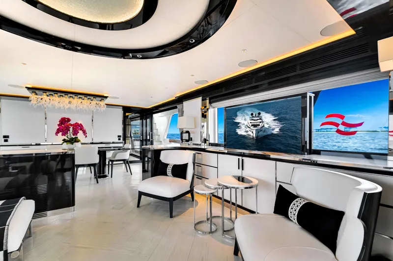  Yacht Photos Pics Luxurious interior of 2021 Sirena 88 yacht with modern decor and elegant seating.