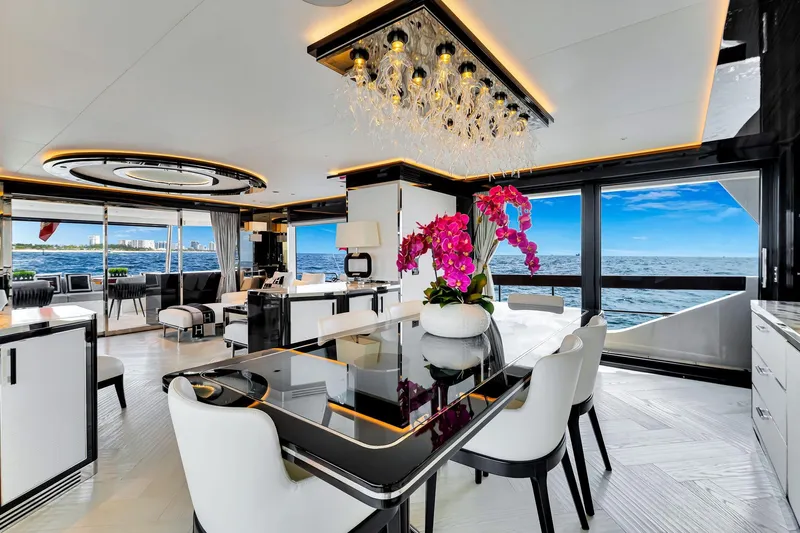  Yacht Photos Pics Luxurious interior of 2021 Sirena 88 yacht with ocean view and elegant decor.
