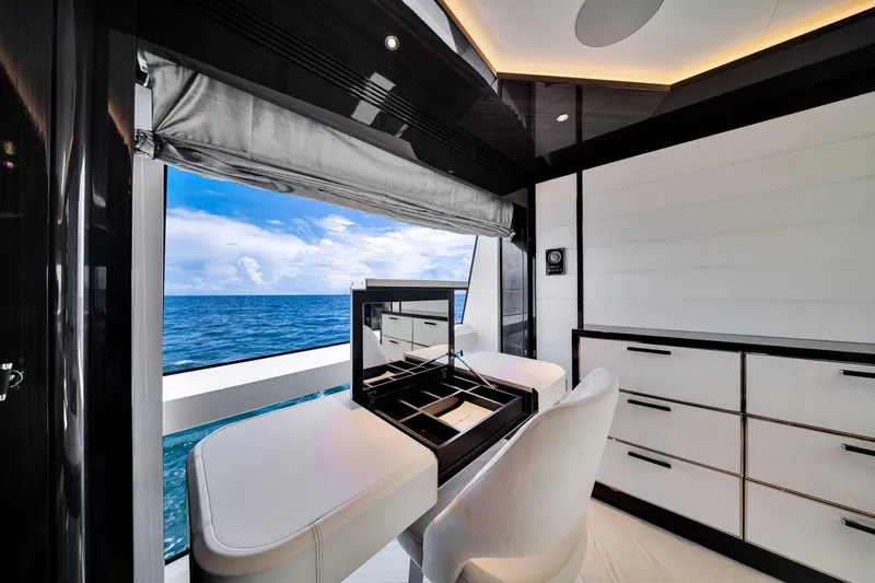  Yacht Photos Pics Luxurious interior of 2021 Sirena 88 yacht with ocean view and elegant furnishings.