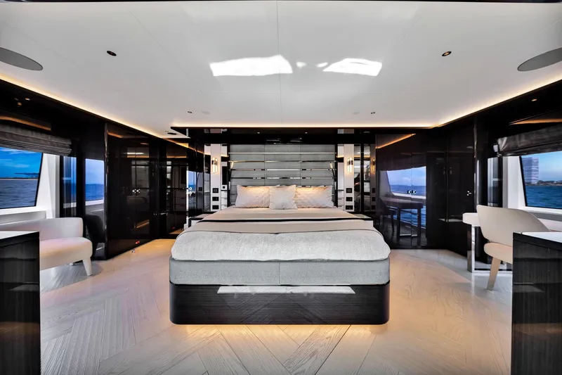  Yacht Photos Pics Luxurious interior of 2021 Sirena 88 yacht with modern bedroom design.