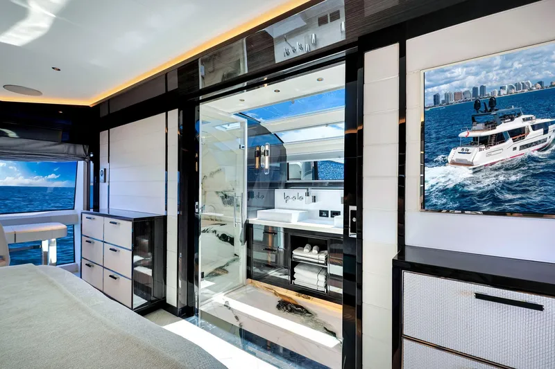  Yacht Photos Pics Luxurious interior of 2021 Sirena 88 yacht with ocean view and modern amenities.