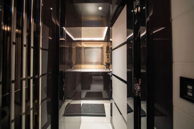  Yacht Photos Pics Luxurious interior of 2021 Sirena 88 yacht with modern design and ambient lighting.