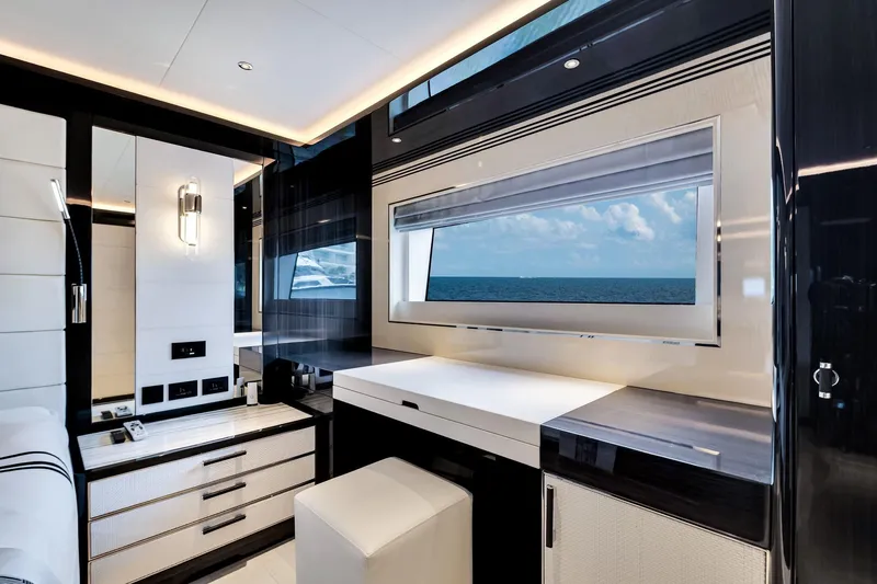  Yacht Photos Pics Luxurious interior of 2021 Sirena 88 yacht with ocean view window.