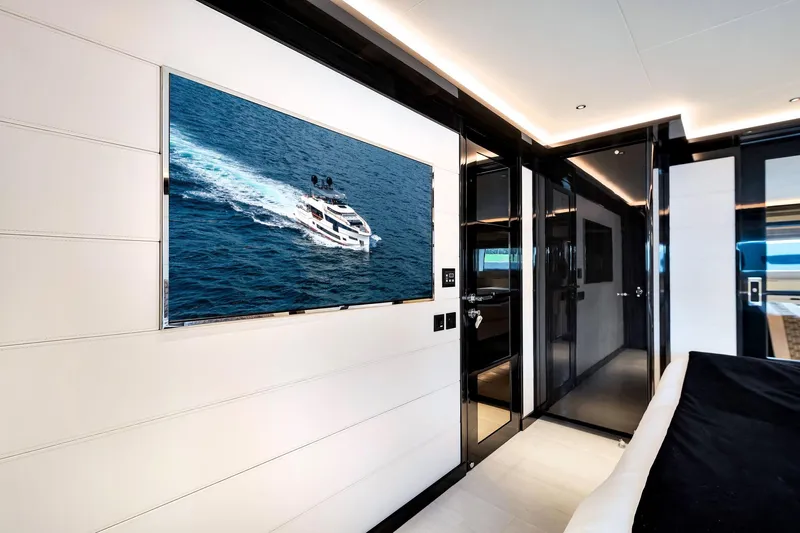  Yacht Photos Pics Luxurious interior of 2021 Sirena 88 yacht with sleek design and modern amenities.