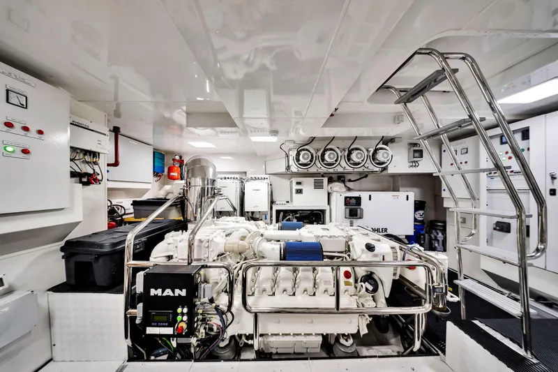  Yacht Photos Pics Engine room of 2021 Sirena 88 yacht, featuring advanced machinery and control panels.