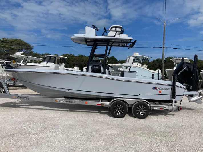  Yacht Photos Pics 2025 Crevalle 26HCO boat on trailer, parked outdoors under blue sky.