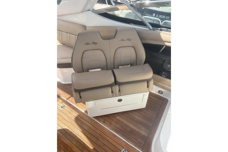  Yacht Photos Pics Luxurious seating on 2016 Sea Ray 350 SLX boat with elegant wood flooring.